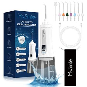 MySmile Powerful Cordless Water Dental Flosser Portable Oral Irrigator with OLED Display 5 Modes 8 Replaceable Jet Tips and 350 ML Detachable Water Tank for Home Travel Use (White)